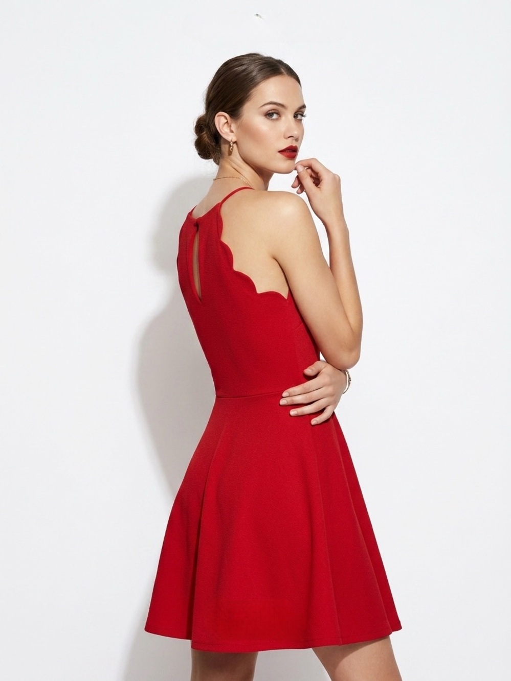 Monteau Red Scalloped-Halter Fit & Flare Mini Dress